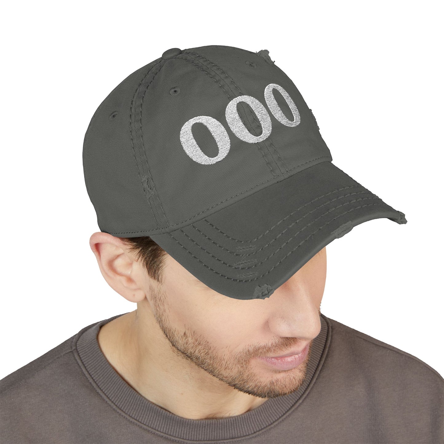 Embroidered Distressed Dad Hat — White '000' Baseball Cap