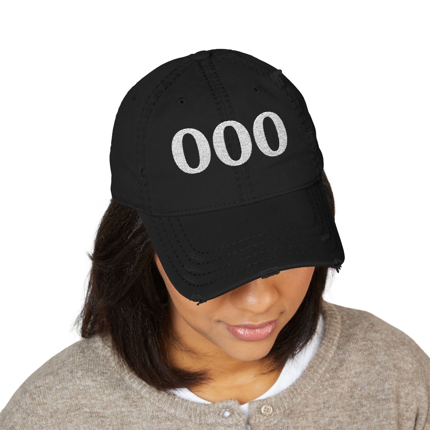 Embroidered Distressed Dad Hat — White '000' Baseball Cap