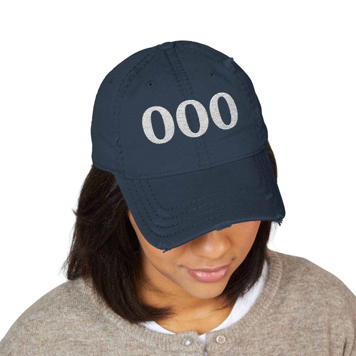 Embroidered Distressed Dad Hat — White '000' Baseball Cap