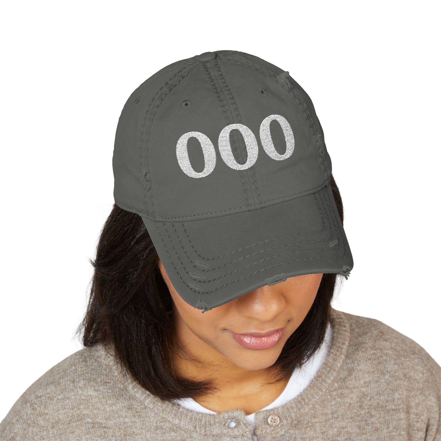 Embroidered Distressed Dad Hat — White '000' Baseball Cap