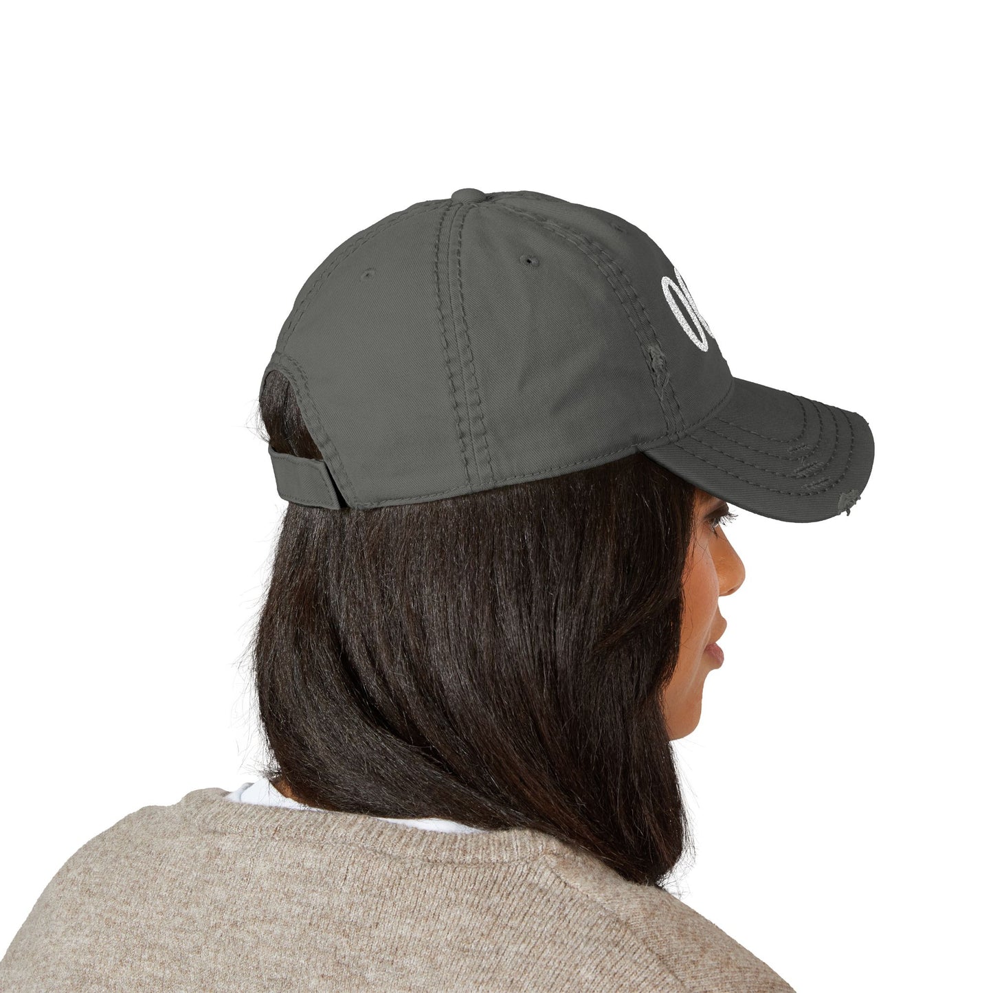 Embroidered Distressed Dad Hat — White '000' Baseball Cap